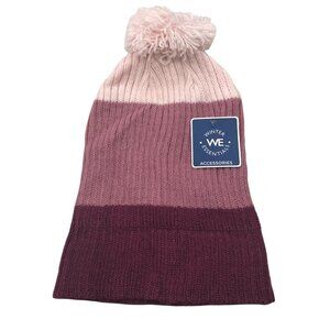 Winter Essentials Women's One Size Burgundy Stripes Knit Beanie Hat With Pom New